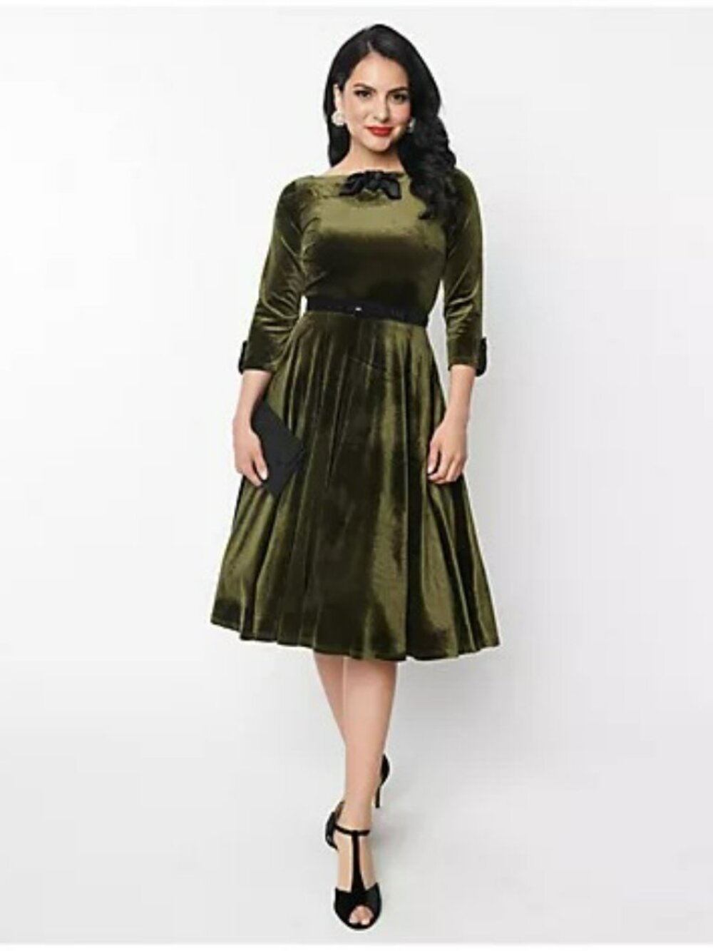 Unique Vintage Velvet Faux Bow Devon Swing Dress Deep Olive Green Size 4 NWT